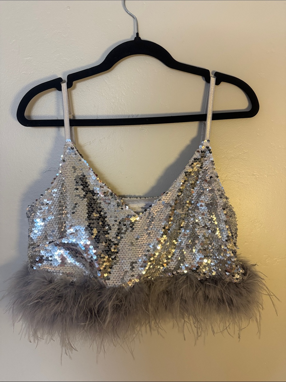 12th tribe Sequin Feather Trim Bralette Crop Top - Silver